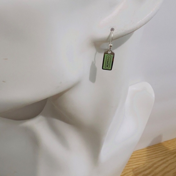 COACH SMALL MINT GREEN ICONIC SIGNATURE TAG EARRINGS STERLING EAR WIRES NEW - Picture 1 of 3